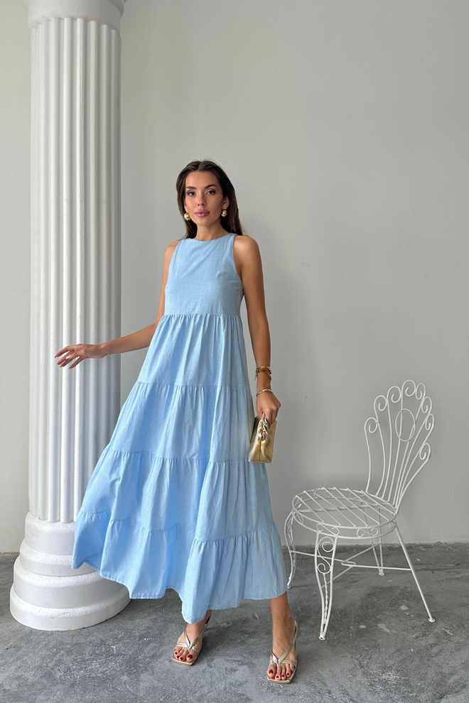 Ello Blaues A Linien Maxi Kleid Mit Kappenärmeln Großhandelskleidung Lässig