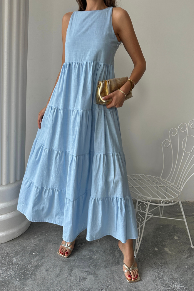 Ello Blue A Line Maxi Dress With Cap Sleeves Wholesale Clothing 1