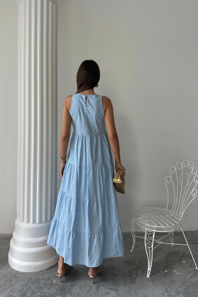 Ello Blue A Line Maxi Dress With Cap Sleeves Wholesale Clothing Boho