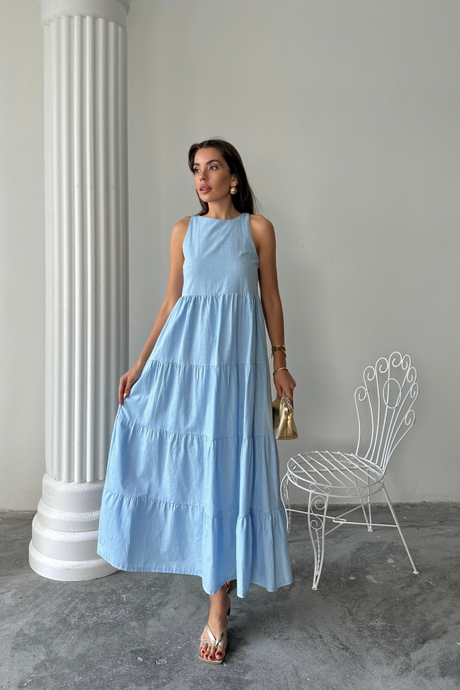 Ello Blue A Line Maxi Dress With Cap Sleeves Wholesale Clothing Spring