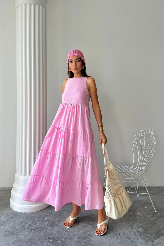 Ello Pink A Line Maxi Dress With Cap Sleeves Wholesale Clothing 1