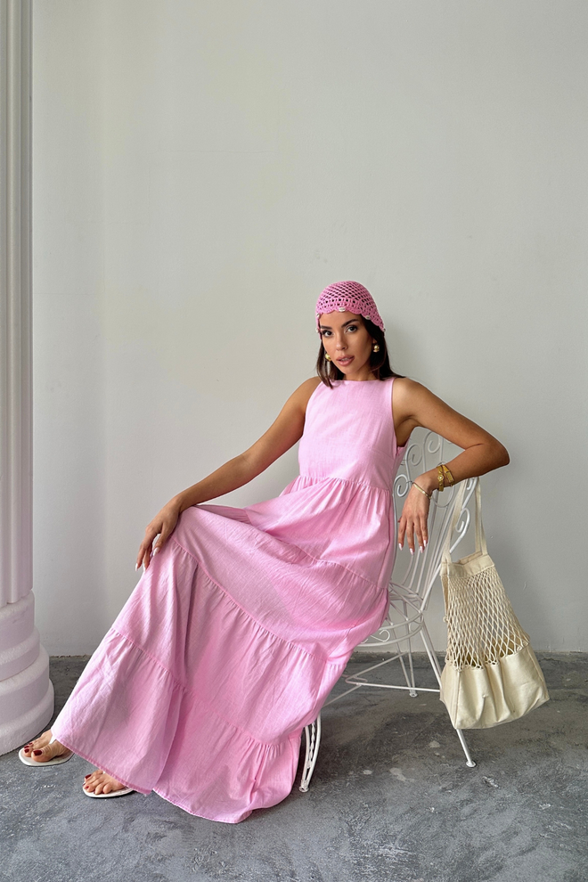 Ello Rosa A Linien Maxi Kleid Mit Kappenärmeln Großhandelskleidung Lässig