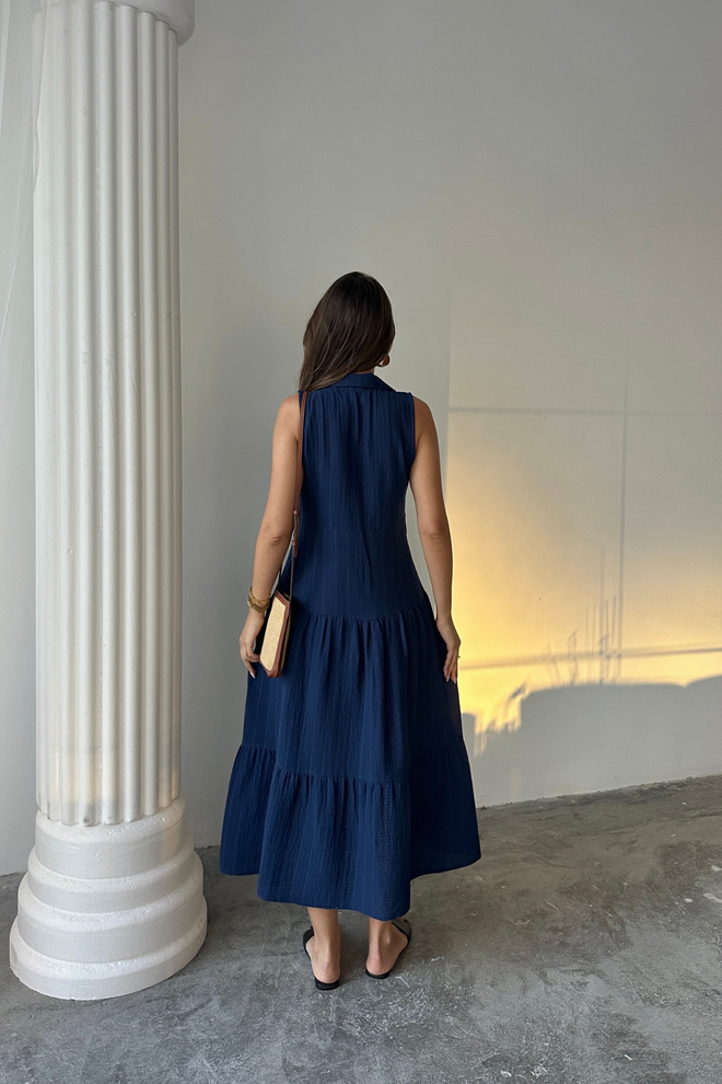 Ello Navy Blue Wrap Dress With Notched Neck Wholesale Clothing Spring