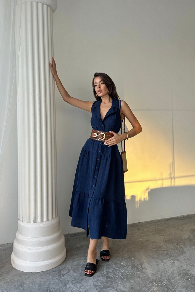 Ello Navy Blue Wrap Dress With Notched Neck Wholesale Clothing 1