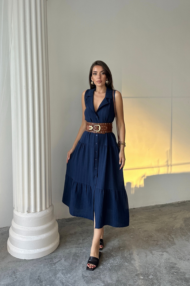 Ello Navy Blue Wrap Dress With Notched Neck Wholesale Clothing Work