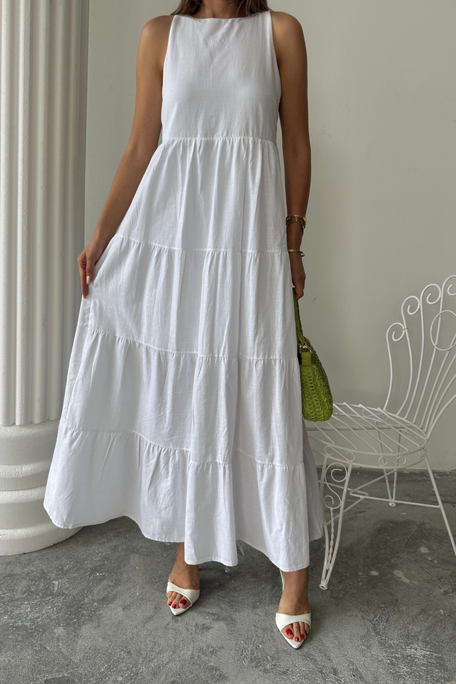 Ello Balta Babydoll Suknelė Su Kepurės Rankovėmis Didmeninė prekyba drabužiais Metalo spalvos siūlai