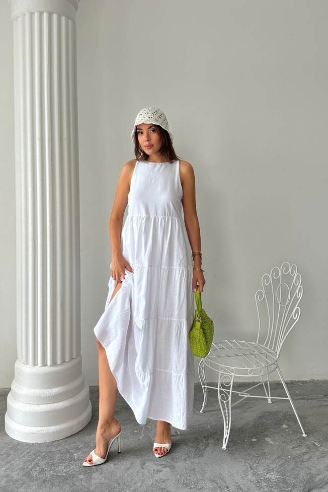 Ello Balta Babydoll Suknelė Su Kepurės Rankovėmis Didmeninė prekyba drabužiais „Bomber“ paltas