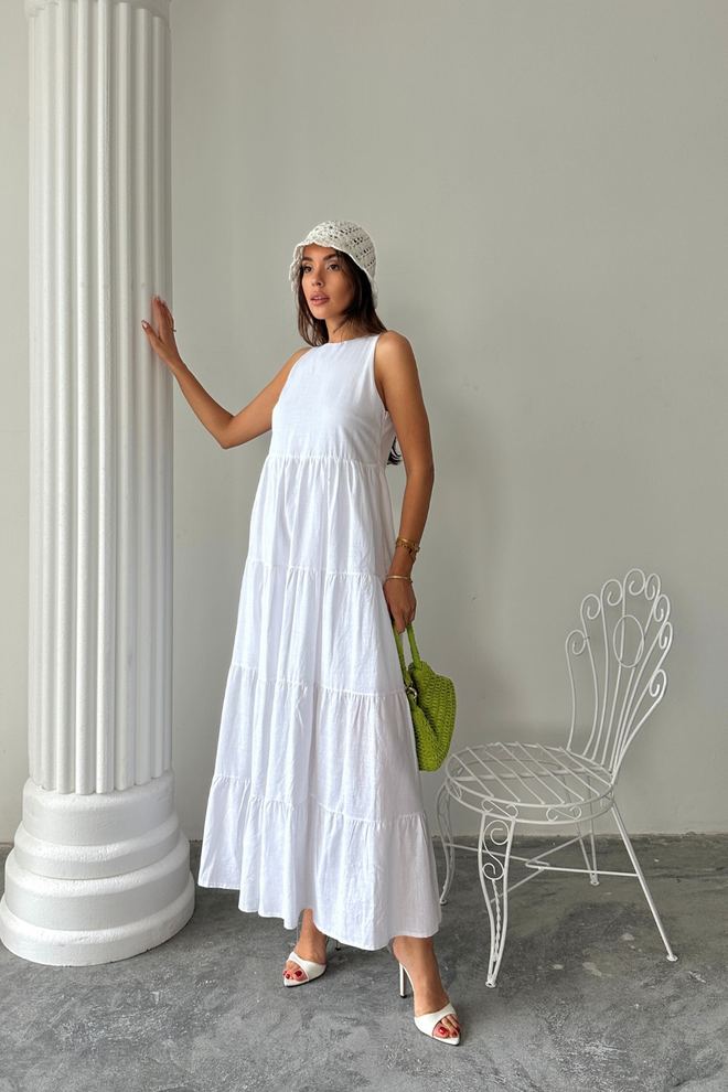 Ello Balta Babydoll Suknelė Su Kepurės Rankovėmis Didmeninė prekyba drabužiais Vasara