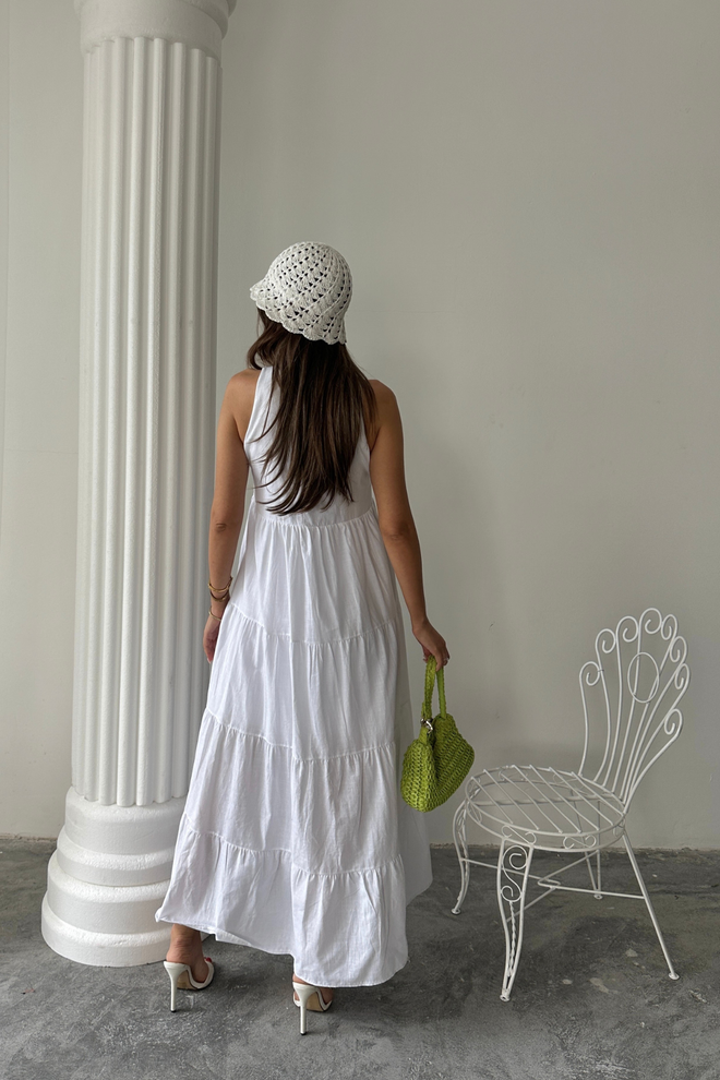 Ello Balta Babydoll Suknelė Su Kepurės Rankovėmis Didmeninė prekyba drabužiais Viršutiniai drabužiai su sagomis