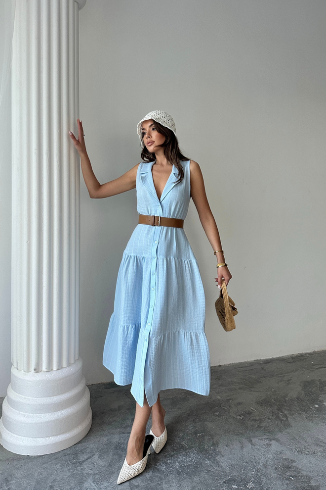 Ello Blau Gestreiftes Ärmelloses Hemdkleid Mit Kappenärmeln Großhandelskleidung Lässig