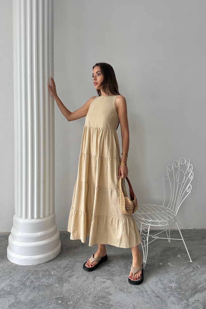 Ello Vestido Maxi Beige Línea A Con Escote Barco Y Mangas Casquillo Ropa al por mayor Modesto