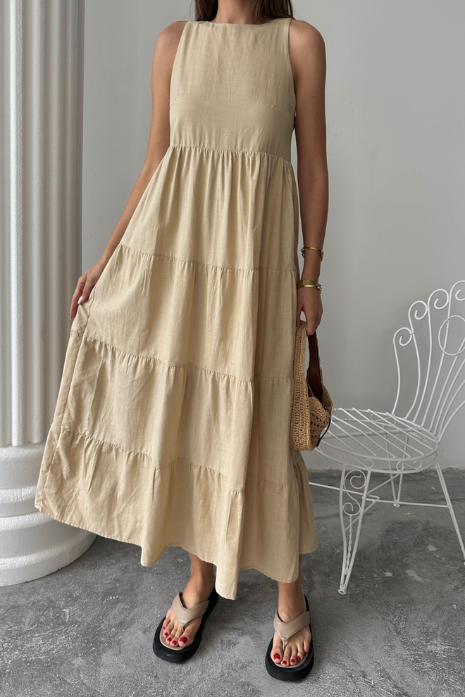 Ello Beige A Line Maxi Dress With Boat Neck And Cap Sleeves Wholesale Clothing 1