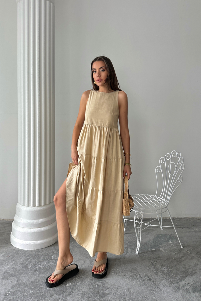 Ello Beige A Line Maxi Dress With Boat Neck And Cap Sleeves Wholesale Clothing Spring