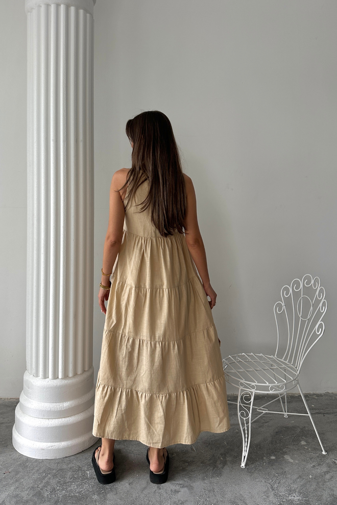 Ello Beige A Line Maxi Dress With Boat Neck And Cap Sleeves Wholesale Clothing Casual