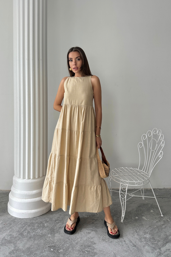 Ello Beige A Line Maxi Dress With Boat Neck And Cap Sleeves Wholesale Clothing Lounge