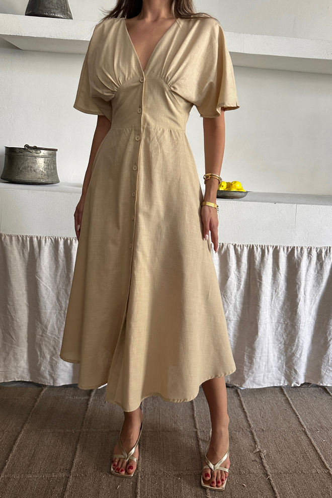 Ello Beige A Line V Neck Midi Dress Wholesale Clothing 1