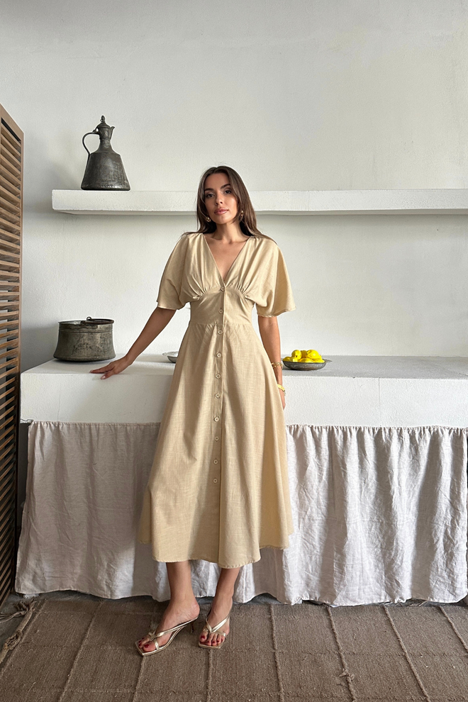 Ello Beige A Line V Neck Midi Dress Wholesale Clothing Lounge