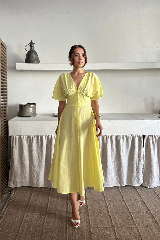 Ello Gelbes Fit And Flare Midi Kleid Großhandelskleidung Lässig