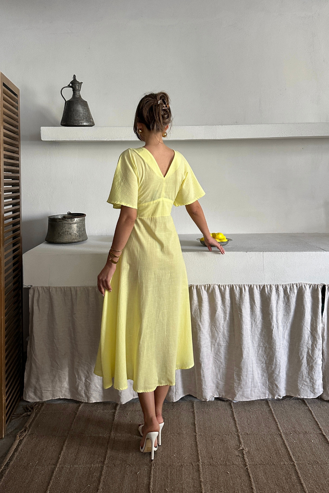 Ello Жълта Рокля Със Силует Fit And Flare Midi Дрехи на едро Пролет