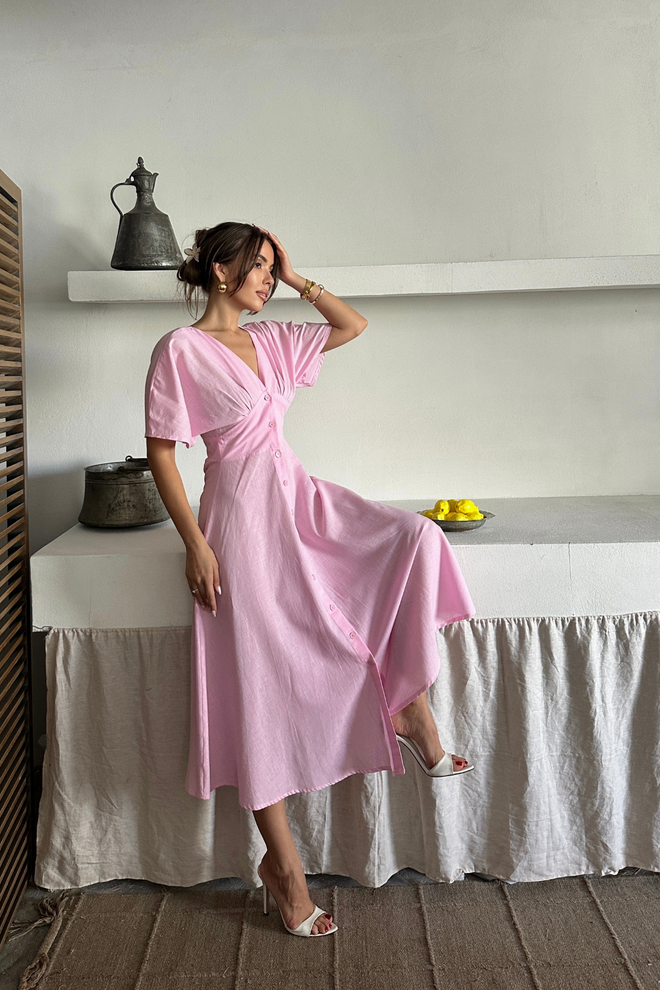 Ello Pink Fit And Flare Dress With Plunging Neck Wholesale Clothing 1