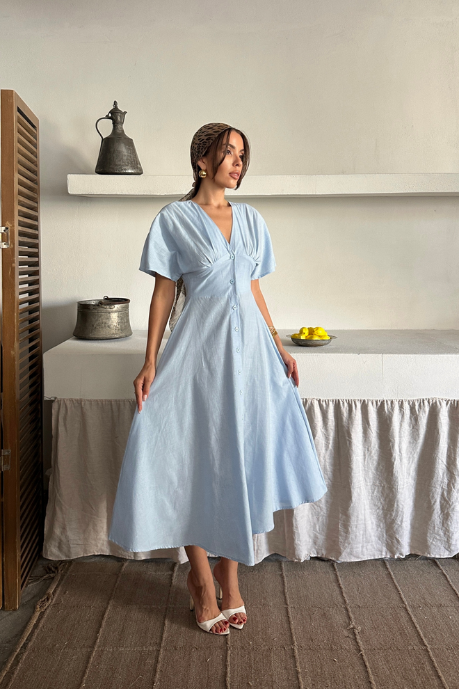 Ello Blue Fit And Flare Dress With Butterfly Sleeves Wholesale Clothing Boho