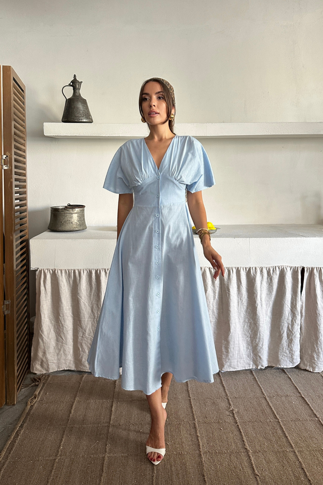 Ello Blue Fit And Flare Dress With Butterfly Sleeves Wholesale Clothing Spring