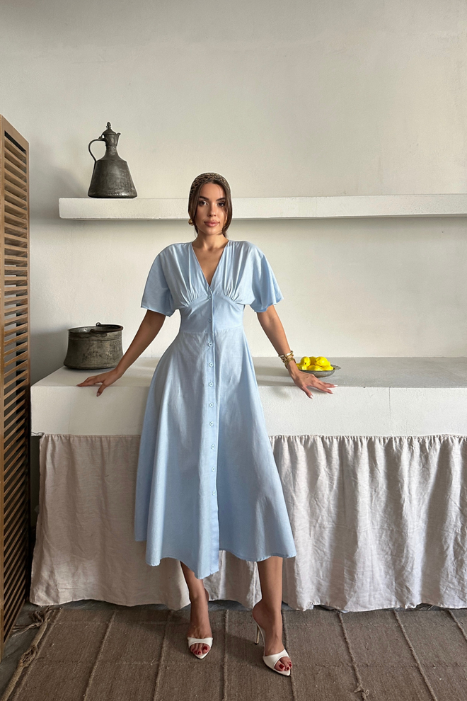Ello Vestido Azul Fit And Flare Com Mangas De Borboleta Roupas por atacado Casual