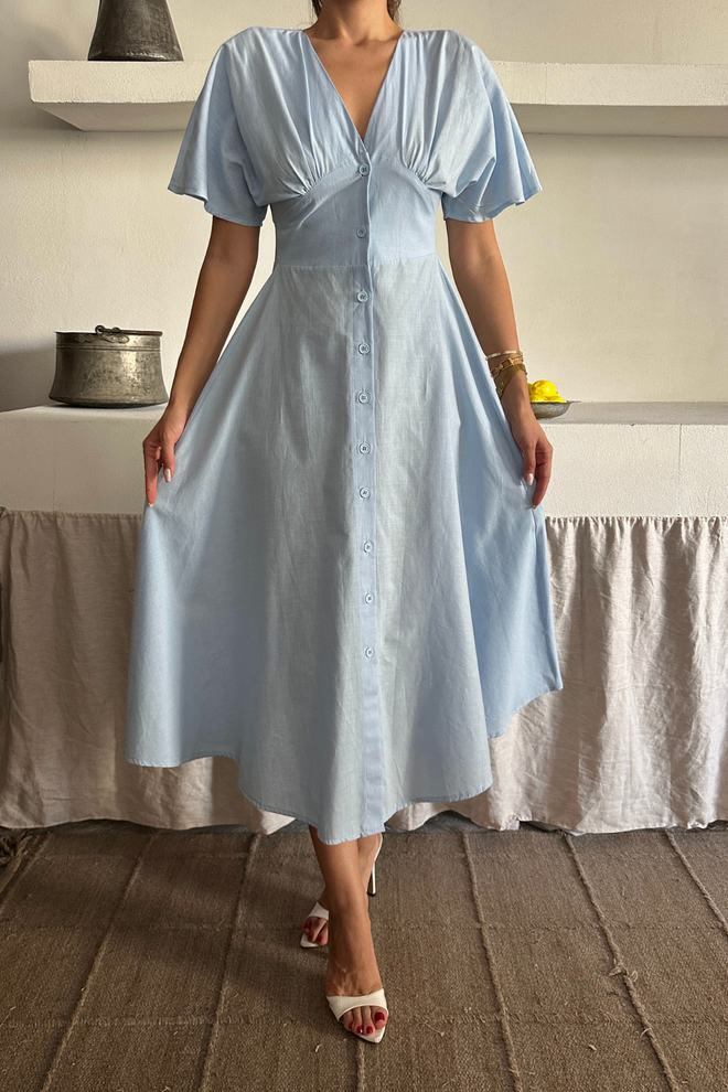Ello Blue Fit And Flare Dress With Butterfly Sleeves Wholesale Clothing 1