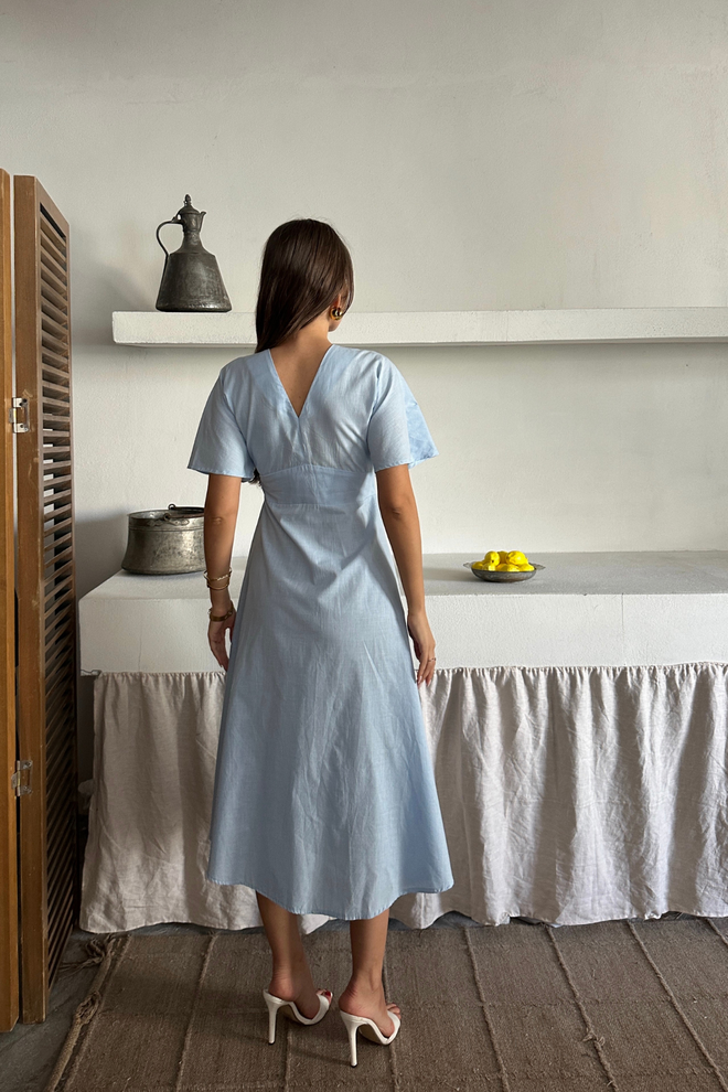 Ello Blue Fit And Flare Dress With Butterfly Sleeves Wholesale Clothing 5