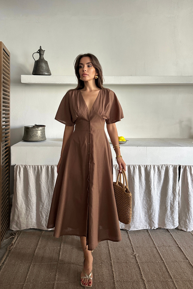 Ello Brown Fit And Flare Midi Dress With Plunging Neck Wholesale Clothing 1