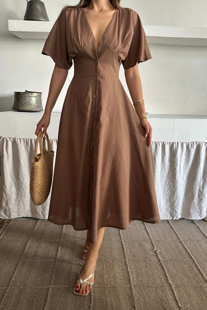 Ello Brown Fit And Flare Midi Dress With Plunging Neck Wholesale Clothing Work