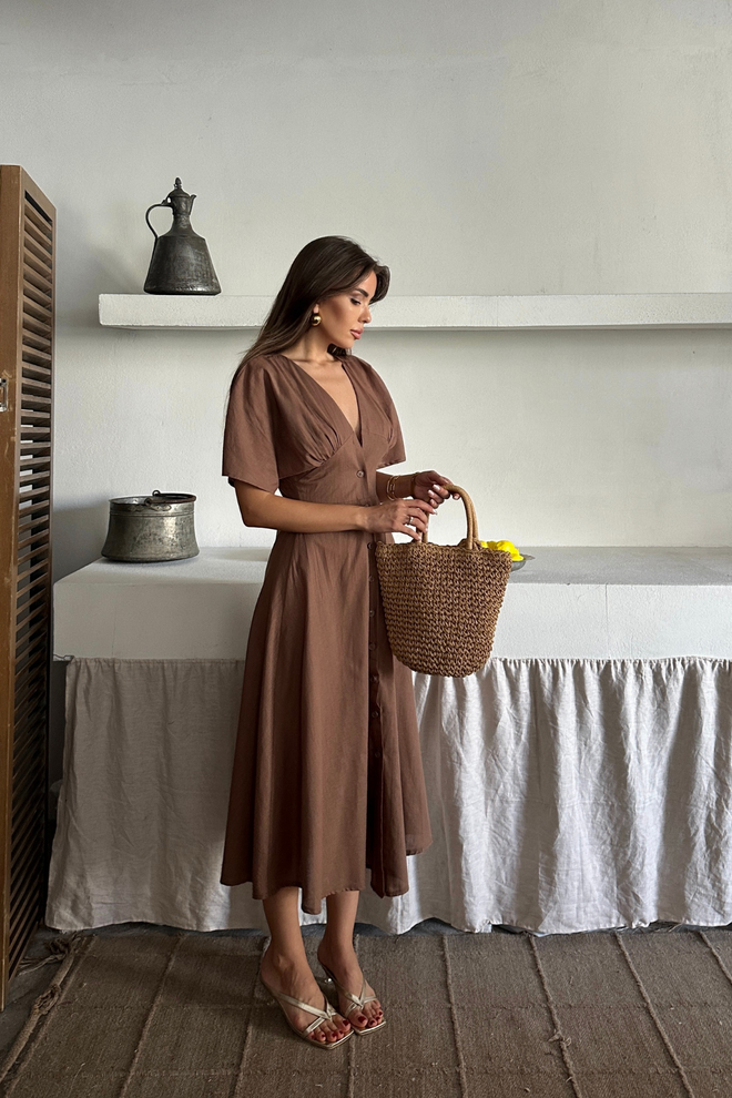 Ello Vestido Marrón Ajustado Con Falda Acampanada Y Escote Profundo Midi Ropa al por mayor Casual