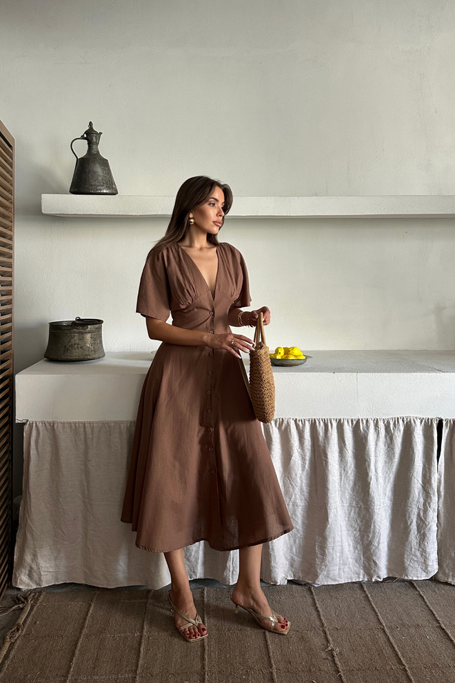 Ello Brown Fit And Flare Midi Dress With Plunging Neck Wholesale Clothing Spring