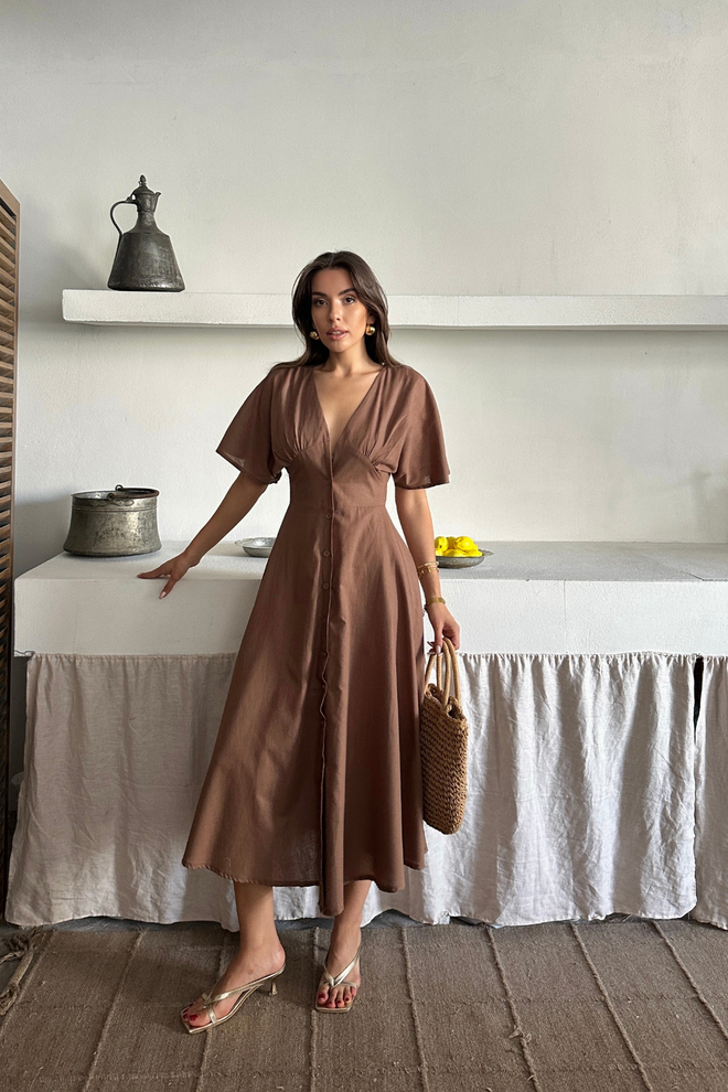 Ello Brown Fit And Flare Midi Dress With Plunging Neck Wholesale Clothing Boho
