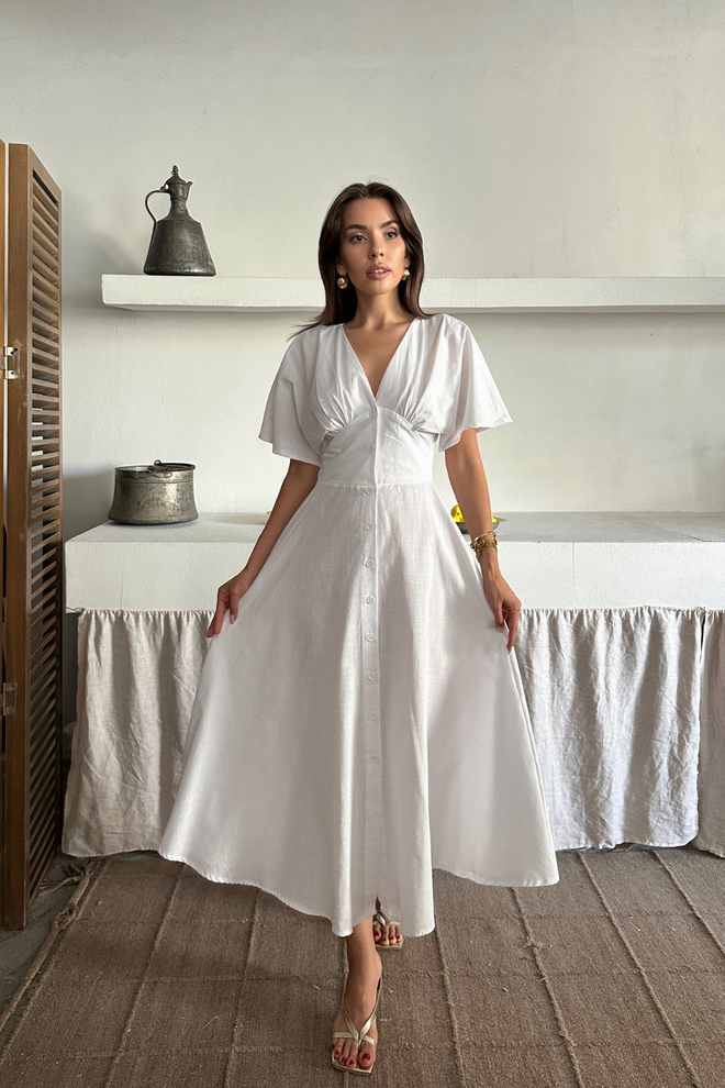 Ello White Fit And Flare Dress With V Neck And Short Sleeves Wholesale Clothing Lounge