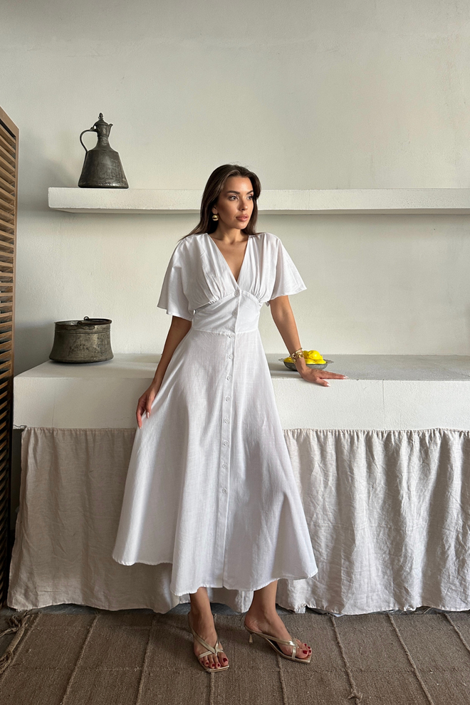 Ello Beyaz V Yakalı Ve Kısa Düz Kollu Fit & Flare Elbise Toptan Giyim Tesettür