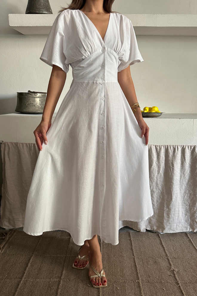 Ello White Fit And Flare Dress With V Neck And Short Sleeves Wholesale Clothing 1