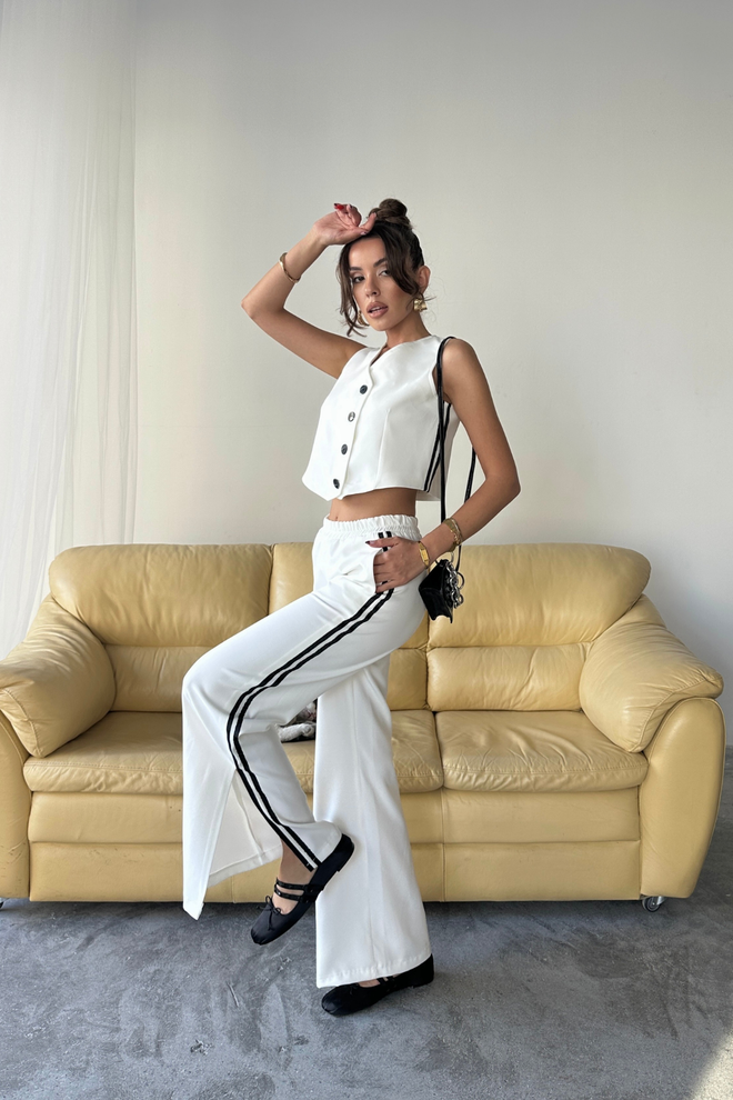 Ello Beyaz Gündelik Çizgili Geniş Paça Jogger Pantolon Toptan Giyim Gündelik