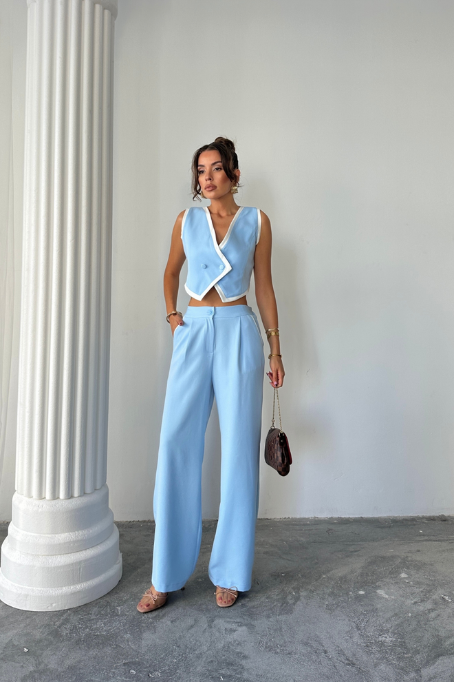 Ello Blaues Elegantes Wide Leg Tuxedo Set Großhandelskleidung Lässig