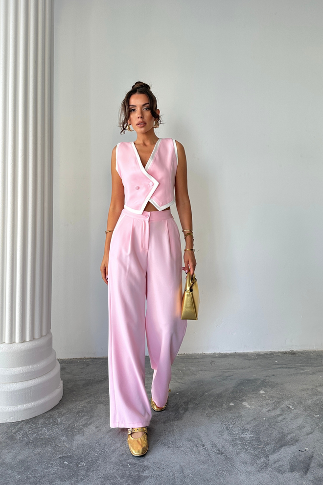 Ello Ensemble Rose Élégant À Jambes Larges Et Col En V Vêtements en gros Élégant