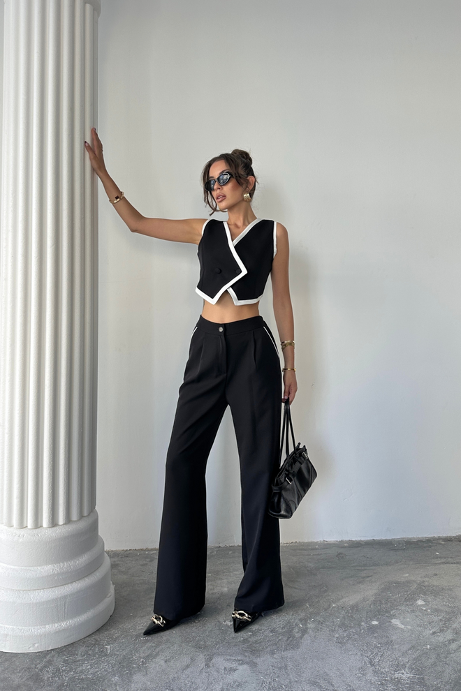 Ello Schwarzes Elegantes Formelles Set Mit Weitem Palazzo Hosenbein Großhandelskleidung Lässig