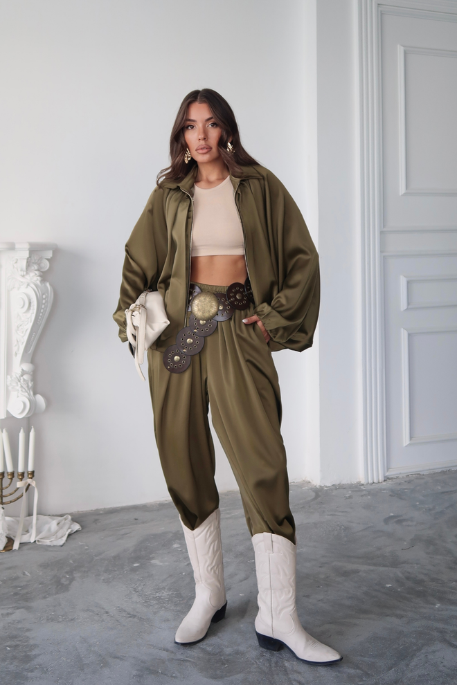 Ello Khaki Bomber Jacket Oversized Fit Casual Zip Up Wholesale Clothing Spring