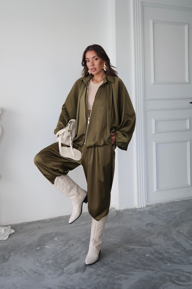 Ello Khaki Bomber Jas Oversized Rits Lange Mouw Groothandel Kleding Casual