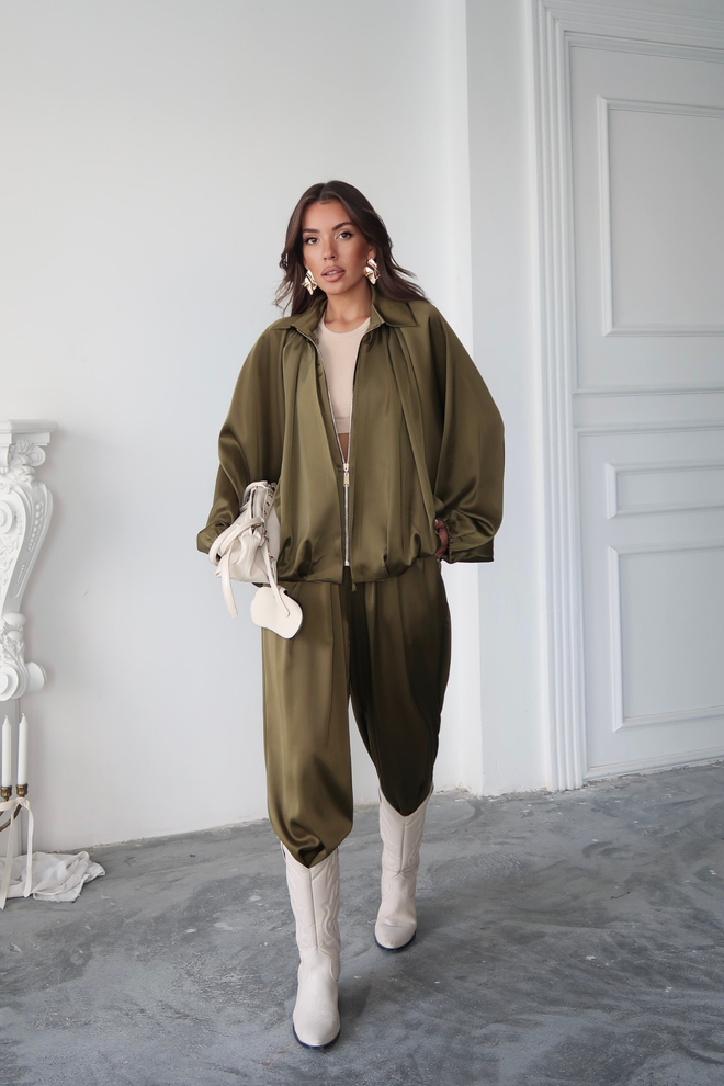 Ello Khaki Bomber Jacket Oversized Fit Casual Zip Up Wholesale Clothing 1