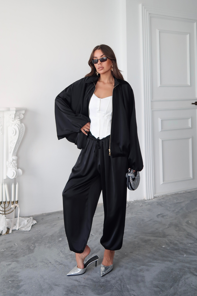 Ello Blouson Bomber Noir Oversize À Manches Chauve Souris Vêtements en gros Décontracté