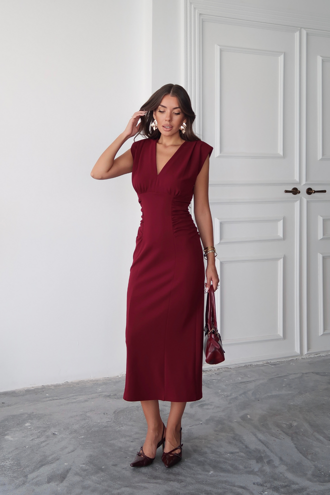 Ello Claret Red Elegant Midi V Neck Sheath Dress Wholesale Clothing Birthday