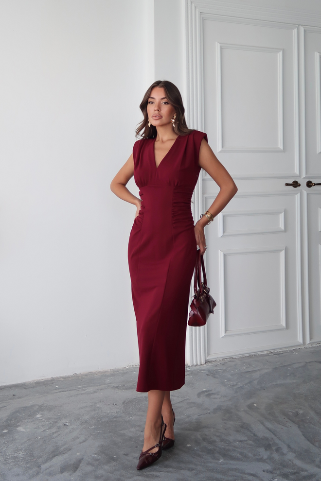 Ello Claret Red Elegant Midi V Neck Sheath Dress Wholesale Clothing Spring