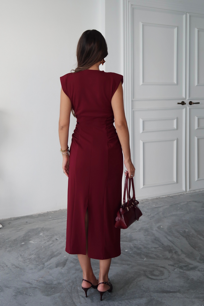 Ello Claret Red Elegant Midi V Neck Sheath Dress Wholesale Clothing 5