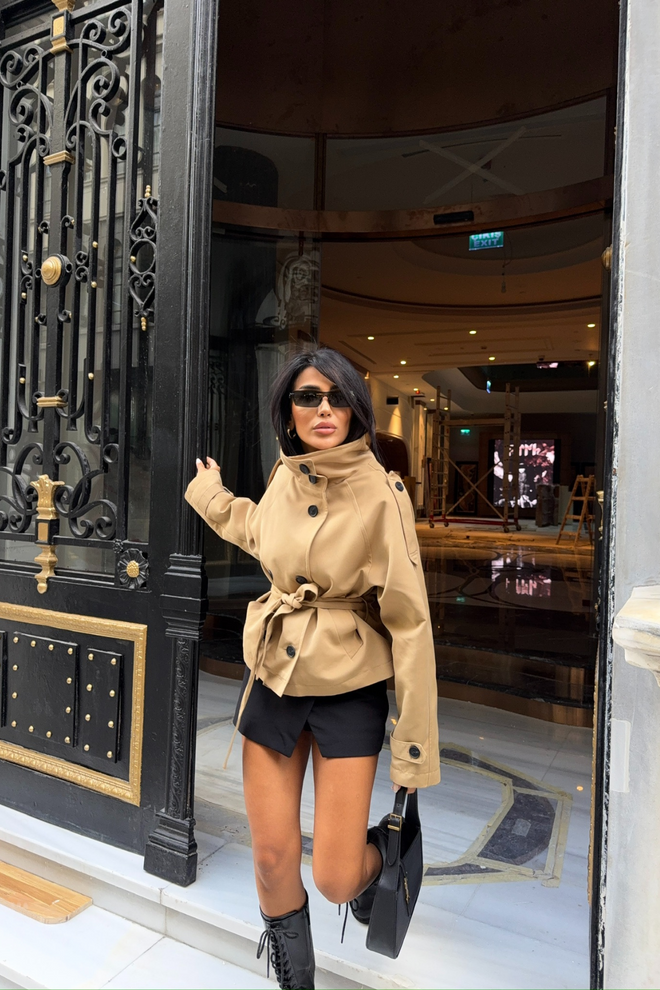 Ello Beige Trenchcoat Einreihig Elegant Hoher Kragen Großhandelskleidung Lässig