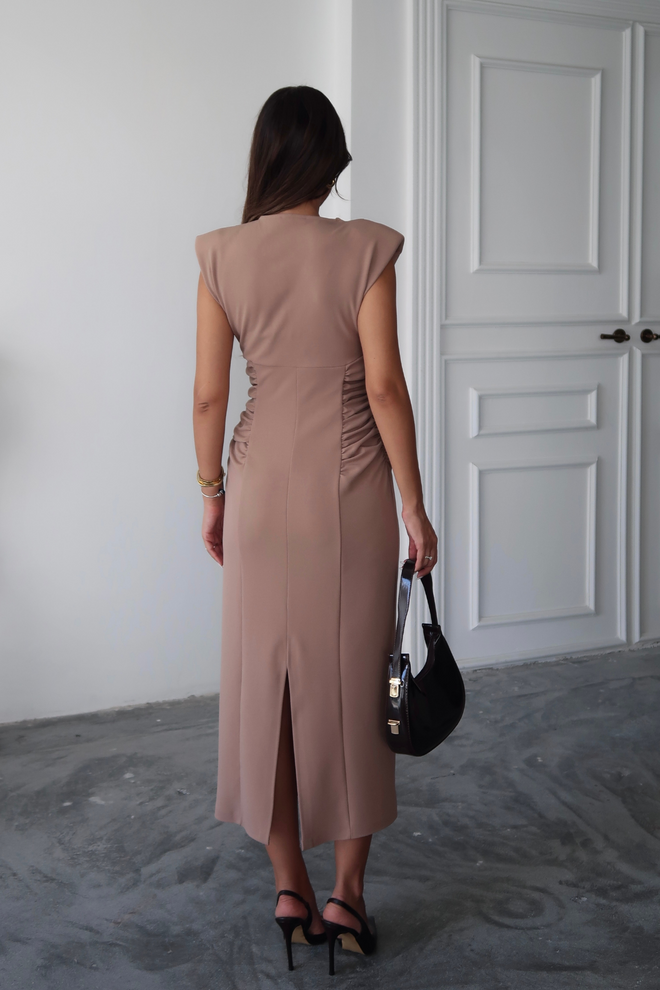 Ello Beige Elegant Sheath Dress With V Neck Wholesale Clothing 5